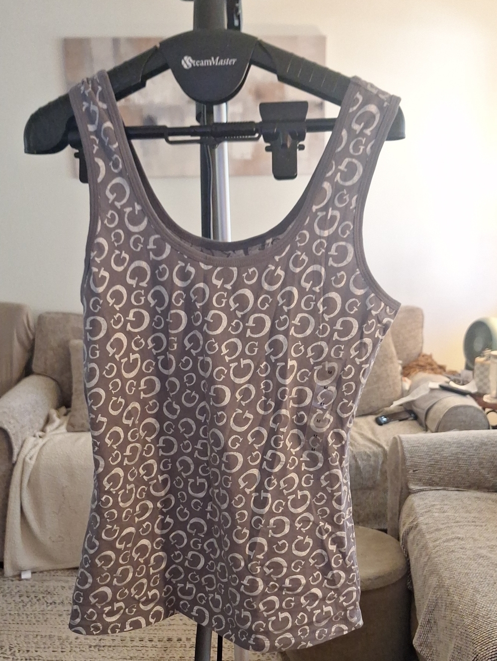 Guess Taupe Logo-Print Scoop Tank Top